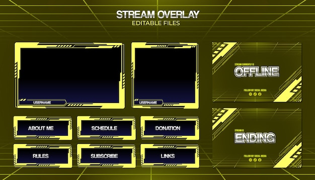 Vector abstract futuristic yellow overlay stream set template for gaming streamer