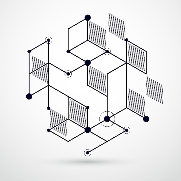 Vector of abstract geometric 3D cube pattern and black and white background. Layout of cubes, hexagons, squares, rectangles and different abstract elements.