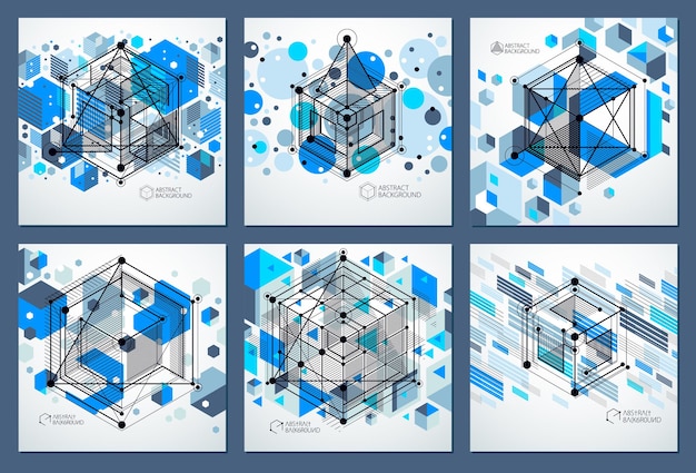 Vector of abstract geometric 3d cube pattern and blue backgrounds set. layout of cubes, hexagons, squares, rectangles and different abstract elements.