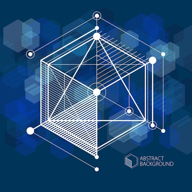 Vettore vettore del modello geometrico astratto cubo 3d e sfondo blu scuro. disposizione di cubi, esagoni, quadrati, rettangoli e diversi elementi astratti.