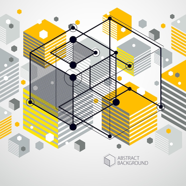 Vector vector of abstract geometric 3d cube pattern and yellow background. layout of cubes, hexagons, squares, rectangles and different abstract elements.
