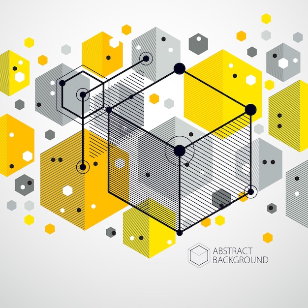 Vettore vettore del modello geometrico astratto del cubo 3d e dello sfondo giallo. disposizione di cubi, esagoni, quadrati, rettangoli e diversi elementi astratti.