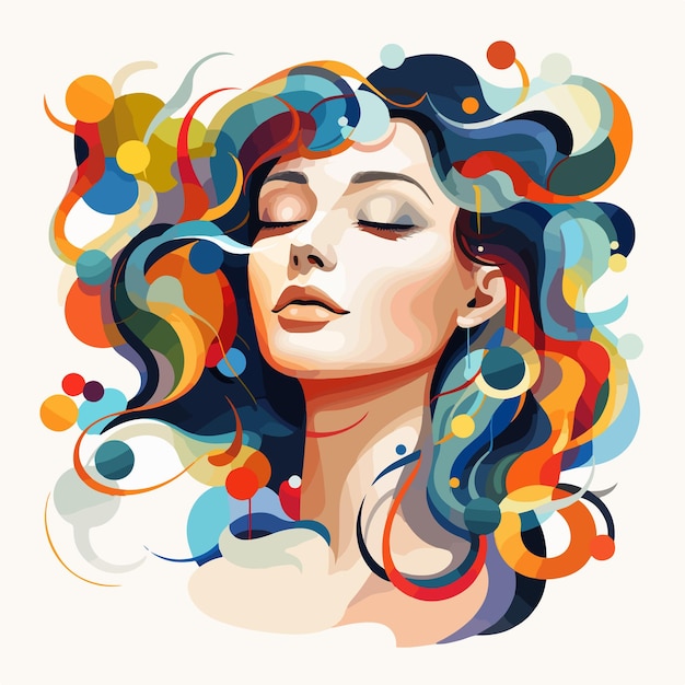 Vector vector abstract girl with red dress and portrait of woman with colorful hair fashion model