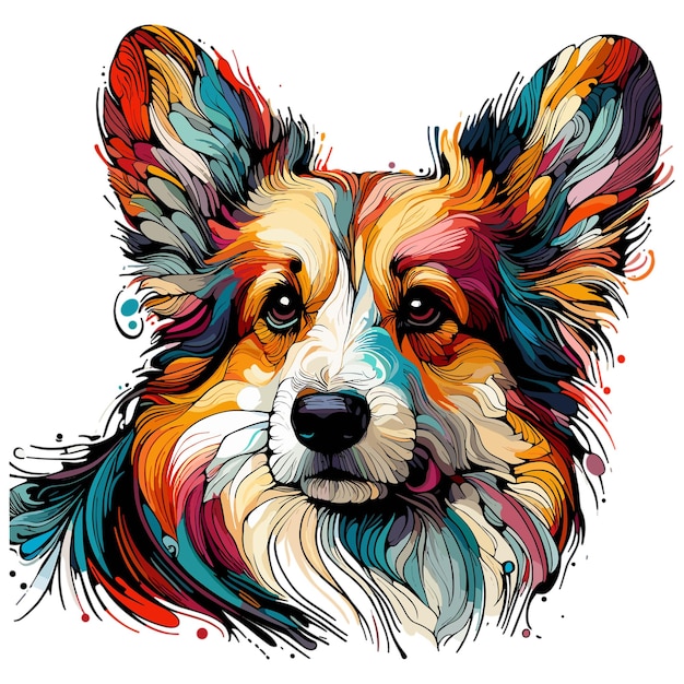 Vector Abstract head of welsh corgi pembroke from multicolored paints colored drawing