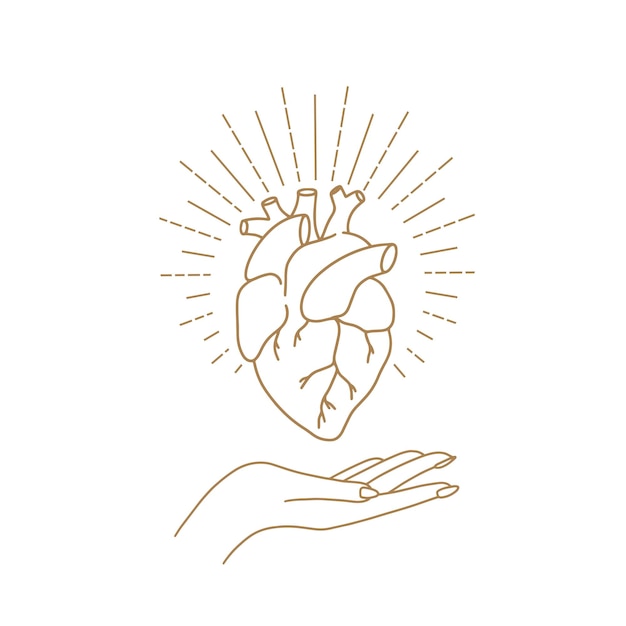 Векторный абстрактный шаблон логотипа в модном линейном минимальном стиле руки держат анатомический абстрактный символ сердца для косметики и упаковки ювелирных изделий ручной работы или косметических продуктов