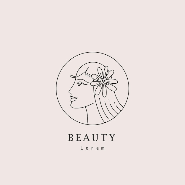 Vector abstract logo and female branding design, trendy linear minimal style, emblem for beauty studio and cosmetics, beautiful woman s face with flower in hair - badge for make up artist, fashion