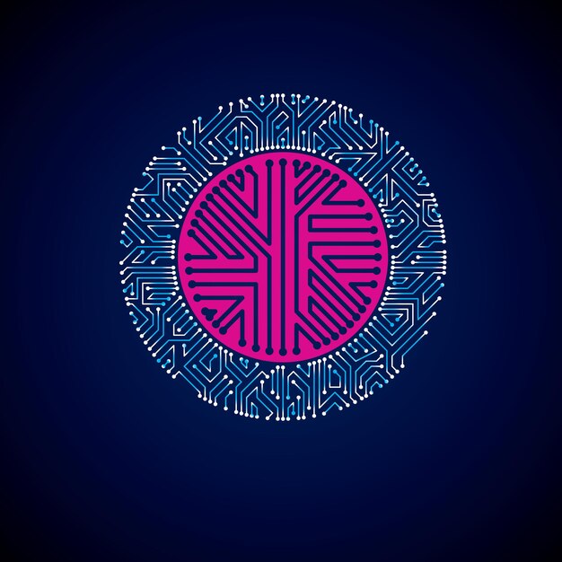 Векторная абстрактная люминесцентная иллюстрация технологии, круглая синяя неоновая печатная плата. Высокотехнологичная круговая цифровая схема электронного устройства.
