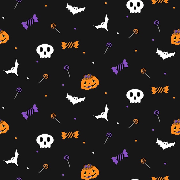 Vector vector abstract pattern of pumpkin candy lollipop bat on black background halloween concept