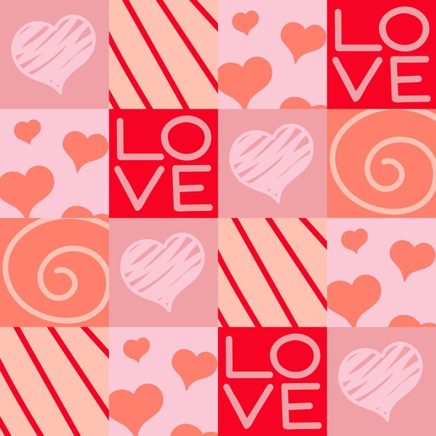 Vector abstract seamless geometric pattern of pink tiles with a heart and the inscription love