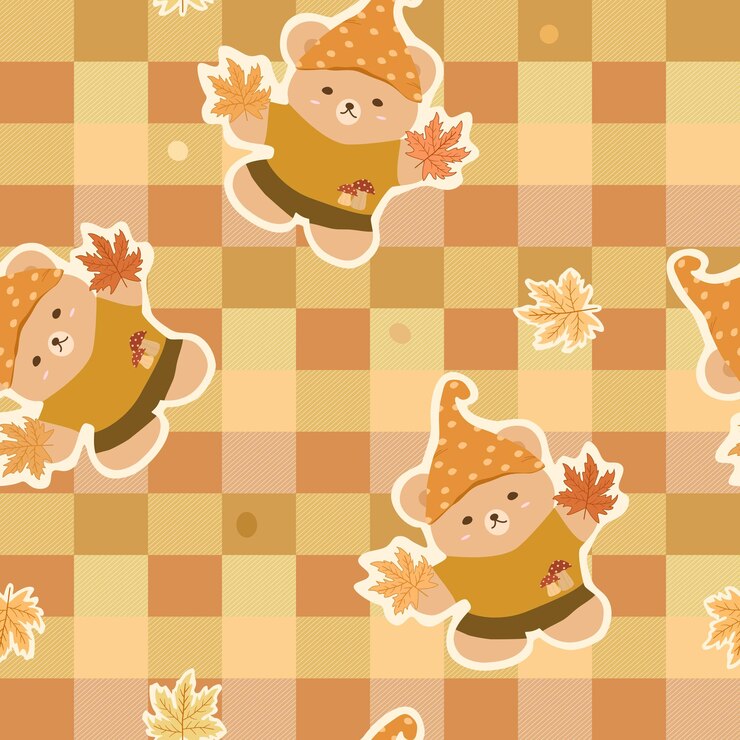 Vector vector  abstract seamless pattern of orange yellow brown checkered with teddy bear holding maple