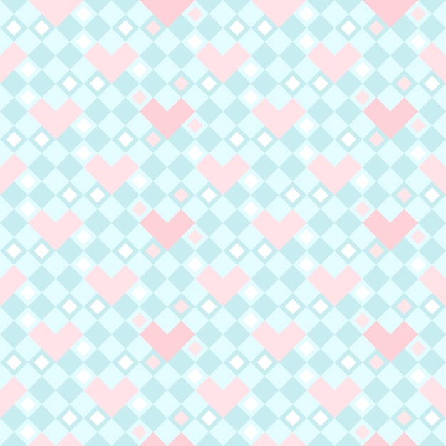 Vector vector abstract seamless pattern of pink heart on blue and white checkered background pixel