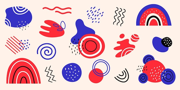 Vector abstract shapes Set with geometric shapes and dots Rainbows and blobs Lines circles blots and zigzags Collection in red and blue colors