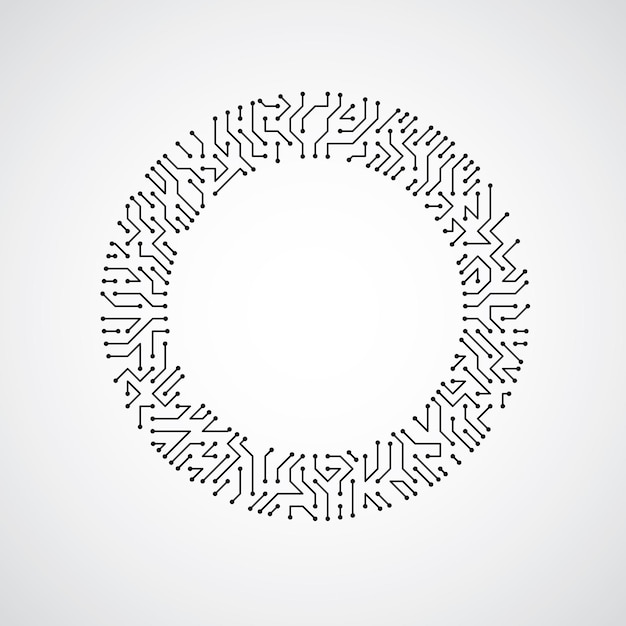 Vector abstract technology illustration with round monochrome circuit board. high tech circular digital scheme of electronic device.