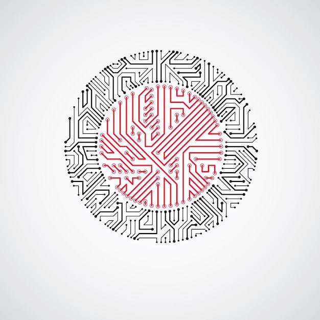 Vector abstract technology illustration with round monochrome circuit board. High tech circular digital scheme of electronic device.