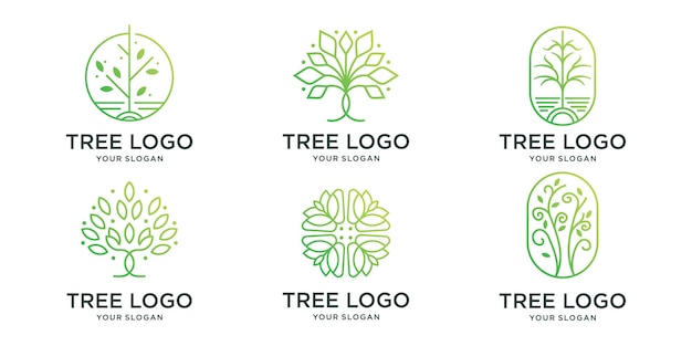 Vettore albero astratto logo scenografia modello collezione di logotipo di ispirazione minimalista dell'albero