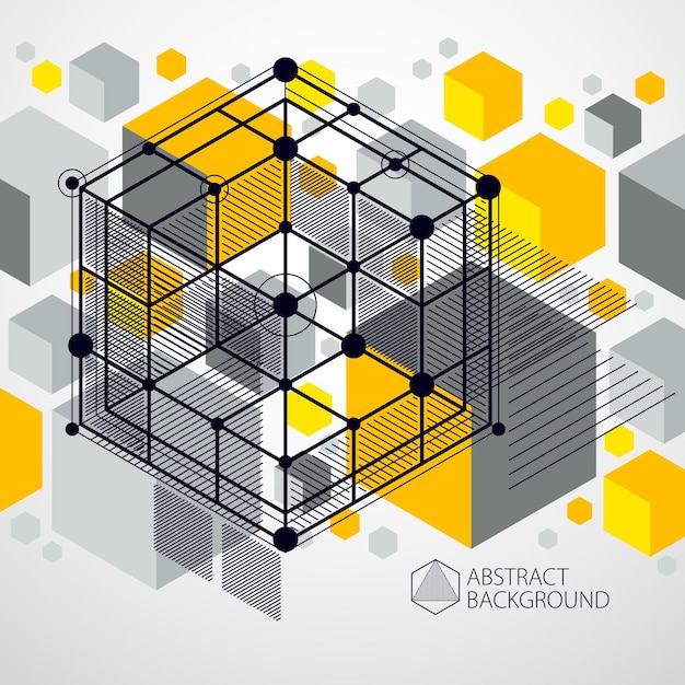 Vector abstract yellow background created in isometric mesh lines style. mechanical scheme, vector engineering drawing with cube and mechanism parts. perfect background for your design projects