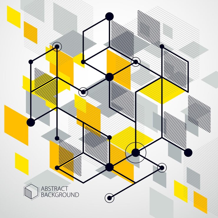 Vector vector abstract yellow background created in isometric mesh lines style. mechanical scheme, vector engineering drawing with cube and mechanism parts. perfect background for your design projects