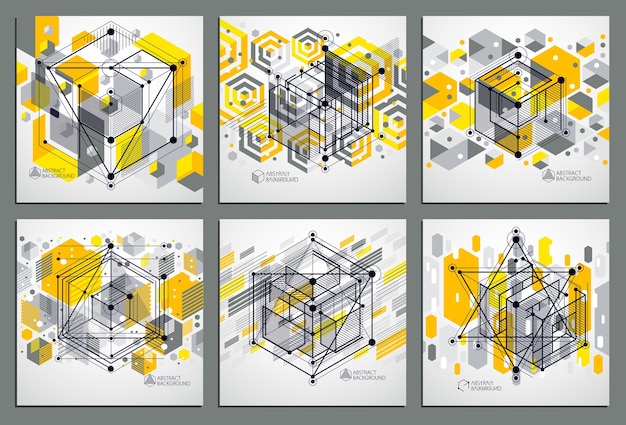 Vector abstract yellow backgrounds set created in isometric mesh lines style. Mechanical scheme, vector engineering drawing with cube and mechanism parts. Perfect background for your designs