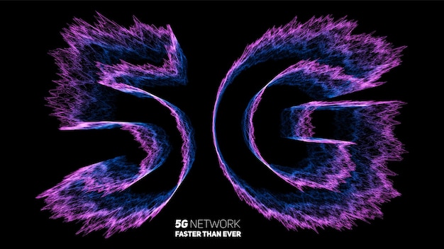 Vector abstracte 5g nieuwe draadloze internetverbinding achtergrond wereldwijd netwerk hoge snelheid netwerk ultra dunne lijnen vloeistof ruis trail geometrie dynamische vervormde tekst als kleurrijke golf