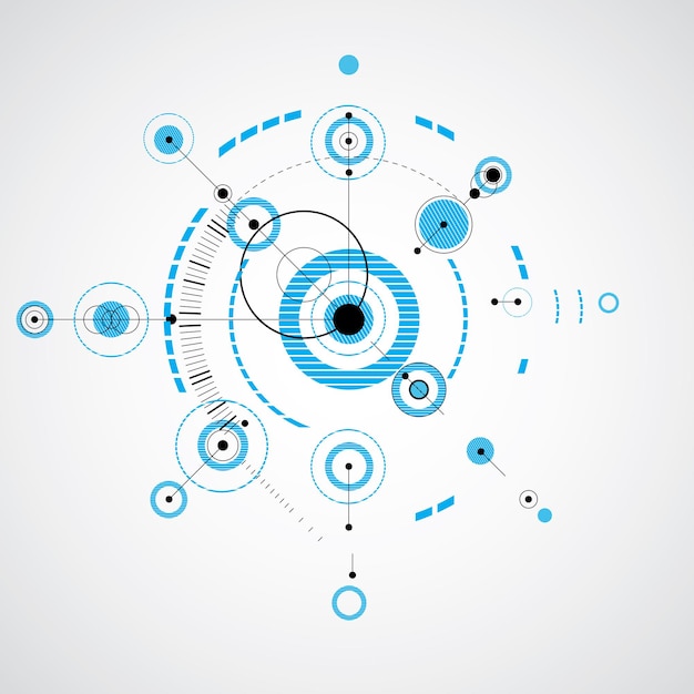 Vector vector abstracte blauwe achtergrond gemaakt in bauhaus retro stijl. moderne geometrische compositie kan worden gebruikt als sjablonen en lay-outs. engineering technologische behang gemaakt met cirkels.