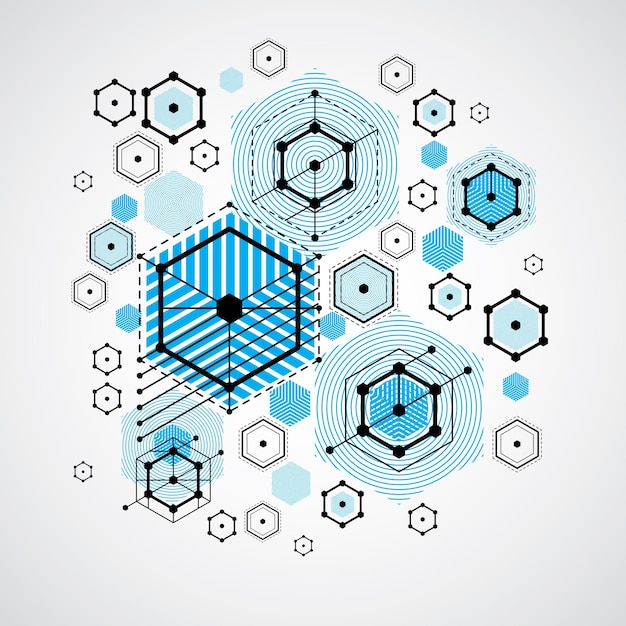 Vector abstracte blauwe achtergrond gemaakt in Bauhaus retro stijl. Moderne geometrische compositie kan worden gebruikt als sjablonen en lay-outs. Technisch technologisch behang gemaakt met honingraten.