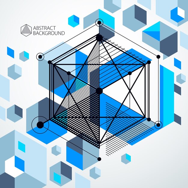 Vector abstracte blauwe achtergrond gemaakt in isometrische mesh lijnen stijl. Mechanisch schema, vector technische tekening met kubus en mechanisme onderdelen. Perfecte achtergrond voor uw ontwerpprojecten