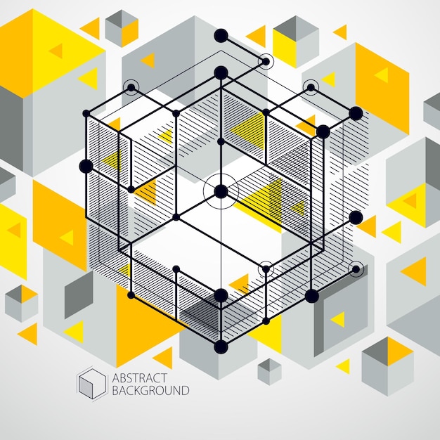 Vector abstracte gele achtergrond gemaakt in isometrische mesh lijnen stijl. mechanisch schema, vector technische tekening met kubus en mechanisme onderdelen. perfecte achtergrond voor uw ontwerpprojecten