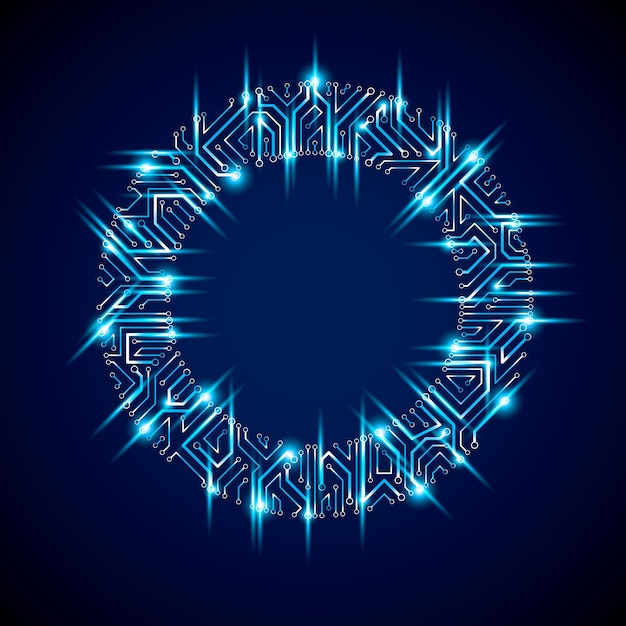 Vector abstracte lichtgevende technologie illustratie, ronde blauwe neon printplaat met sparkles. High-tech circulaire digitale regeling van elektronisch apparaat.