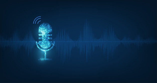 Vector abstracte pictogram microfoon op digitale geluidsgolf op donkerblauwe kleur achtergrond