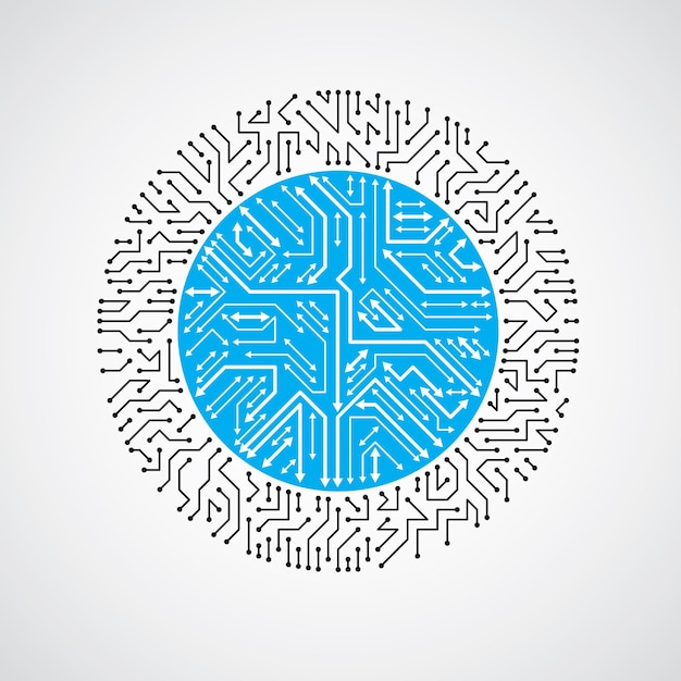 Vector abstracte technologie illustratie met ronde blauwe printplaat. High-tech circulaire digitale regeling van elektronisch apparaat, multidirectionele pijlen.