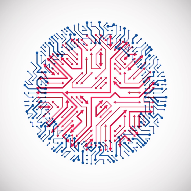 Vector abstracte technologie illustratie met ronde rode en blauwe printplaat. high-tech circulaire digitale regeling van elektronisch apparaat, multidirectionele pijlen.