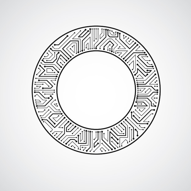 Vector abstracte technologie illustratie met ronde zwart-wit printplaat. High-tech circulaire digitale regeling van elektronisch apparaat.