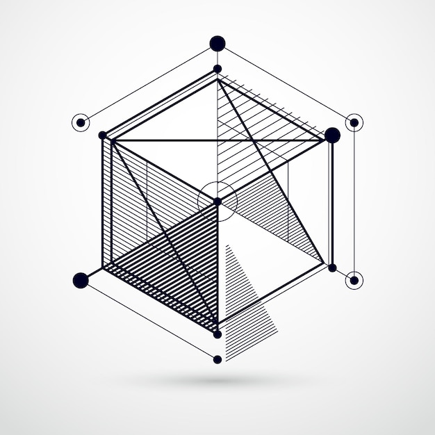 Vector abstracte zwart-witte achtergrond gemaakt in isometrische mesh lijnen stijl. Mechanisch schema, vector technische tekening met kubus en mechanisme onderdelen. Perfecte achtergrond voor uw ontwerpen