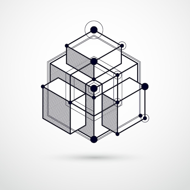 Vector abstracte zwart-witte achtergrond gemaakt in isometrische mesh lijnen stijl. Mechanisch schema, vector technische tekening met kubus en mechanisme onderdelen. Perfecte achtergrond voor uw ontwerpen