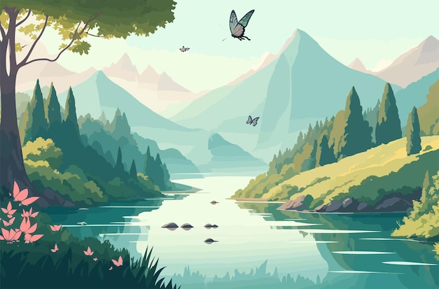 Vector achtergrond illustratie geïnspireerd op de natuur landschap met bergen een stromende rivier en weelderig