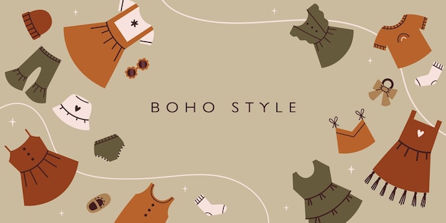 Vector achtergrond met baby boho outfits. Inscriptie boho-stijl. Platte vectorillustratie.