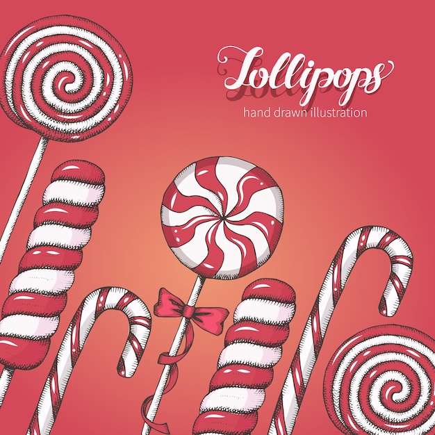 Vector vector achtergrond met de hand getekende verschillende snoepjes set lollies voor menu reclame en banners sketch belettering