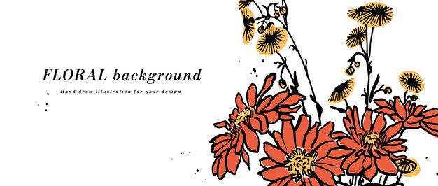 Vector vector achtergrond of banner met rode daisy bloemen en typografie sjabloon web behang lineaire bloemenkunst met botanische illustratie