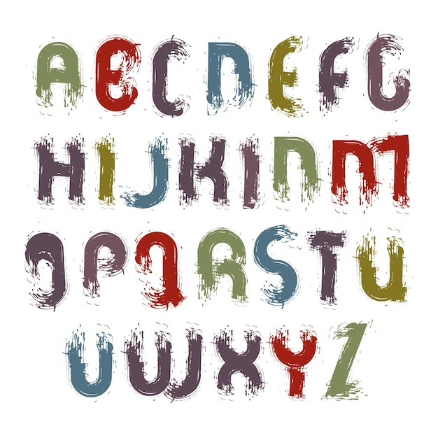 Vector acrylic alphabet capital letters set, hand-drawn colorful script, bright drop caps drawn with ink brush, watercolor font.