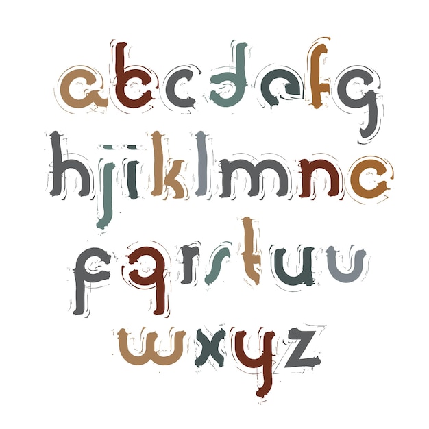 Vettore set di lettere dell'alfabeto acrilico vettoriale, script grunge colorato disegnato a mano, lettere minuscole spazzolate luminose, carattere dipinto a mano con contorno bianco.