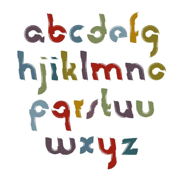 Set di lettere dell'alfabeto acrilico vettoriale, script colorato disegnato a mano, lettere minuscole spazzolate luminose.