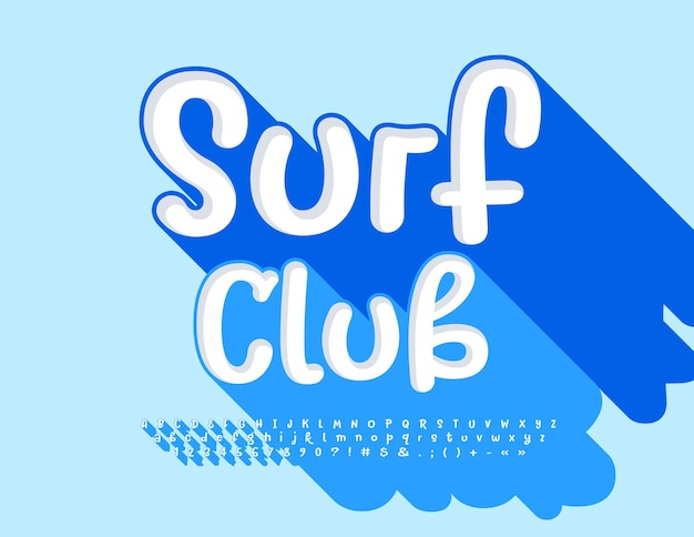 Segno di attività vettoriale surf club font con grande ombra blu lettere e numeri dell'alfabeto scritti a mano