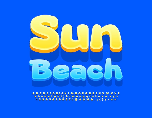 Vettore banner pubblicitario vettoriale sun beach cute yellow 3d font creative alfabeto set di lettere e numeri