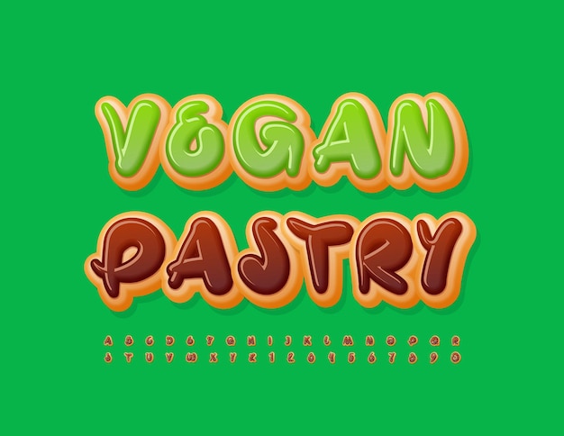 Векторная реклама Баннер Vegan Pastry Игривый шоколадный шрифт Рукописные буквы алфавита и цифры