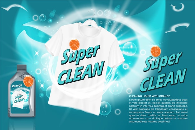 Vector advertising clean washing detergent with white clothes hanging and 3d product