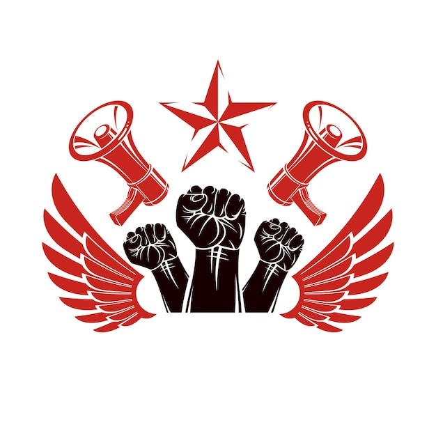 Vector advertising poster created using clenched fists raised up, bird wings and loudhailer equipment. Propaganda as the method of ideology imposing