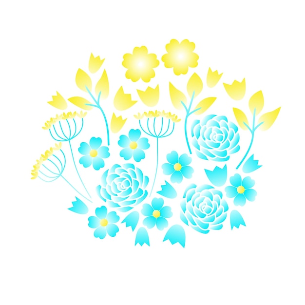 Vector afbeelding, mooie compositie met gele blauwe bloemen op een witte achtergrond.