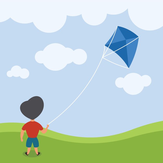 Vector vector afbeelding van een jonge jongen spelen met een vlieger geïsoleerd op transparante achtergrond