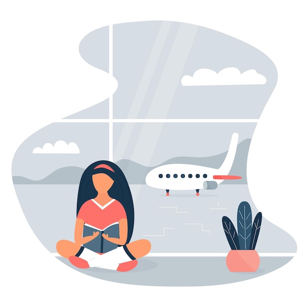 Vector afbeelding van een meisje dat op de luchthaven zit en een boek leest