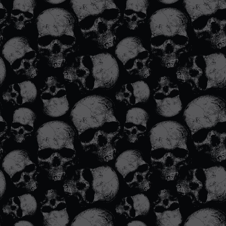 Vector afbeelding van naadloze textuur met schedels op zwarte achtergrond